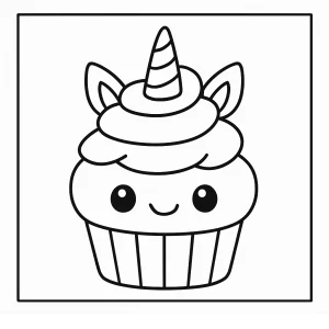 Kawaii cupcake jednorožec omalovánka – coloring page na vytlačenie pre deti