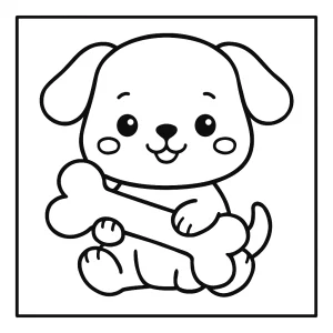 Kawaii psík s veľkou kosťou - omalovánka na vytlačenie, coloring page pre deti