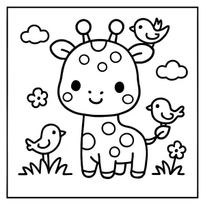 Roztomilá kawaii žirafa s malými vtáčikmi - coloring page, omalovánka na vytlačenie pre deti