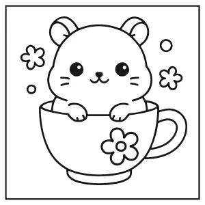 Roztomilý kawaii škrečok v šálke - omalovánka, coloring page na vytlačenie