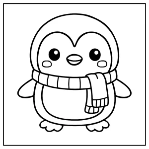 Kawaii tučniak so šálom omalovánka na vytlačenie – coloring page pre deti zdarma