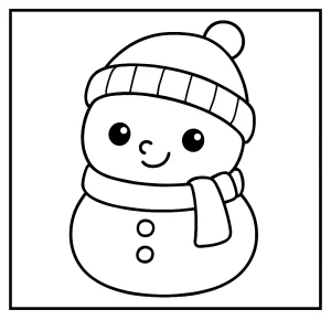 Omalovánka s roztomilým kawaii snehuliakom s klobúkom na vyfarbenie pre deti