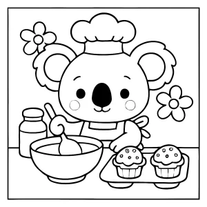 Omalovánka zdarma: roztomilý koala pečie muffiny, vytlačiteľná stránka na vyfarbovanie pre deti
