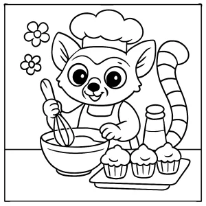 Omaľovánka pre deti: roztomilý lemur pečie muffiny v kuchyni, stránka na vyfarbenie