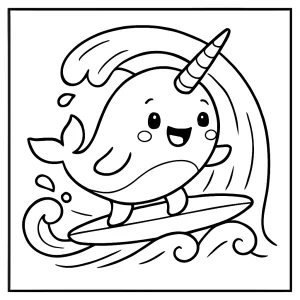 Roztomilý narval surfuje na vlne – omalovánka (coloring page) na vytlačenie zadarmo