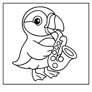 Roztomilý papuchalk so saxofónom – omalovánka coloring page na vyfarbenie
