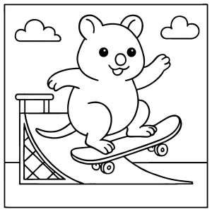 Omaľovánka zdarma s roztomilým quokkom na skateboardovej rampe na vytlačenie a vyfarbenie