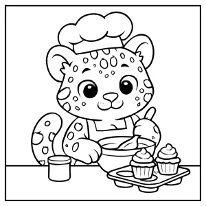 Snežný leopard pečie muffiny - omalovánka pre deti, coloring page na vytlačenie a vyfarbenie
