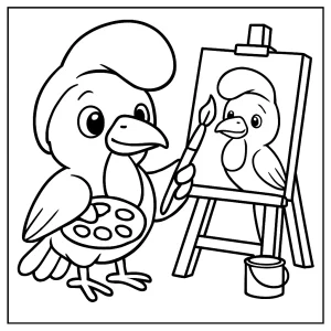 Omalovánka umbrellabird maľuje autoportrét - coloring page pre deti na stiahnutie a vytlačenie