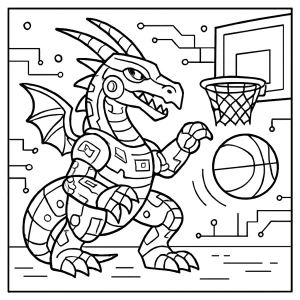 Kybernetický drak hrá basketbal omalovánka – coloring page na vytlačenie pre deti