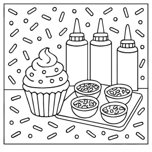 DIY cupcake decorating station omalovánka – coloring page s explóziou posýpok na pozadí