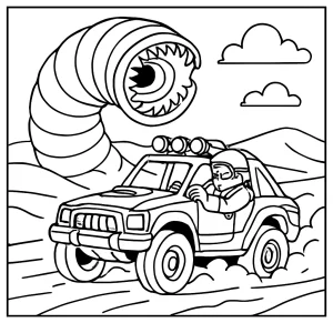 Desert rally driver dodging sandworm coloring page - omalovánka s rally jazdcom unikajúcim červovi