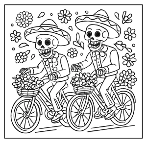 Omalovánka mariachi kostlivci na bicykloch s kvetinovými košíkmi na vyfarbenie zdarma