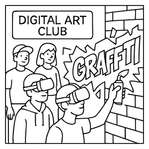 Digitálny klub maľujúci VR graffiti na virtuálnej stene - omalovánka na vytlačenie