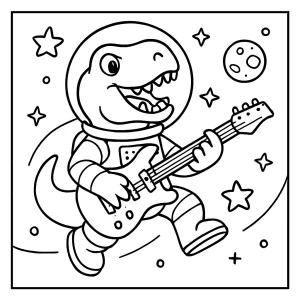 Omaľovánka dinosaurus astronaut hrá na elektrickej gitare vo vesmíre – omaľovánka na vytlačenie pre deti