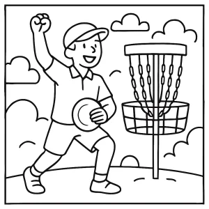 Disc Golf omalovánka: športovec oslavuje víťazstvo – coloring page na vytlačenie