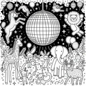 Diskotéka zvieratiek omalovánka – coloring page so zvieratkami tancujúcimi pod disko guľou, určená na vyfarbenie deťmi
