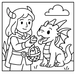 Krotiteľ drakov kŕmi malého draka dračím ovocím – omaľovánka pre deti, coloring page na vytlačenie