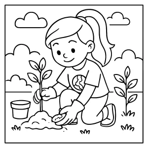 Eko bojovníčka sadí stromčeky – omalovánka pre deti, coloring page na vytlačenie zdarma