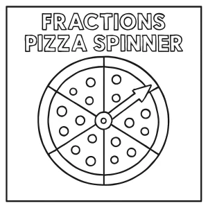 Vzdelávacia omalovánka – coloring page so spinnerom a pizzou rozdelenou na zlomky, pripravená na vyfarbenie