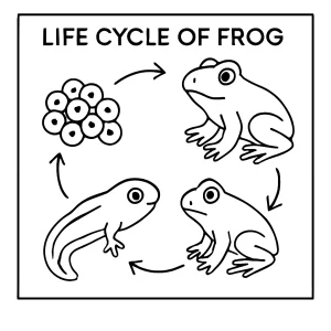 Vzdelávacia omalovánka – životný cyklus žaby, coloring page na vyfarbenie pre deti