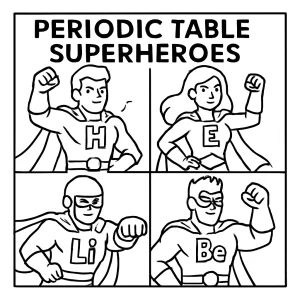 Superhrdinovia periodickej tabuľky omalovánka – coloring page pre deti na učenie chémie