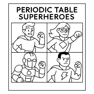 Vzdelávacia omalovánka s panelom superhrdinov založených na periodickej tabuľke – coloring page na vytlačenie zdarma