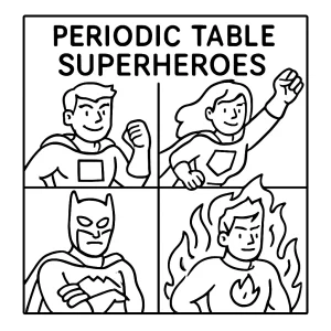 Vzdelávacia omalovánka – coloring page s panelom superhrdinov periodickej tabuľky na vyfarbovanie pre deti