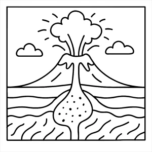 Vzdelávacia coloring page omalovánka s prierezom eruptujúcej sopky vhodná pre deti
