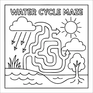 Edukativná coloring page omalovánka s bludiskom vodného cyklu na vyfarbenie pre deti
