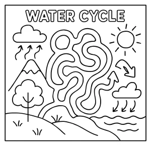 Vzdelávacia coloring page omalovánka s bludiskom kolobehu vody pre deti