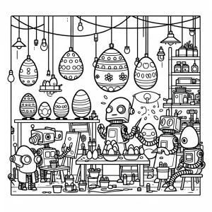 Roboty a deti zdobia veľkonočné vajíčka v dielni – omalovánka, coloring page pre deti na vytlačenie zdarma
