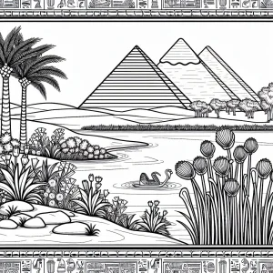 Omaľovánka Egyptské pyramídy a rastliny Nílu so staroegyptským rámom na vytlačenie