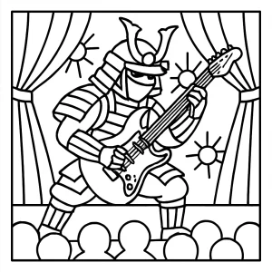 Samuraj s elektrickou gitarou na pódiu - coloring page omaľovánka na vytlačenie