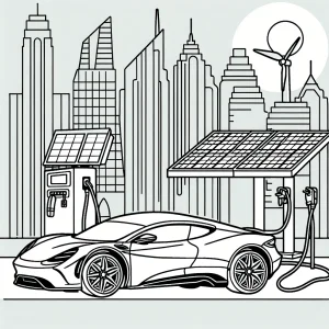 Elektrické superauto pri solárnej stanici s mestom v pozadí - omalovánka na vyfarbenie