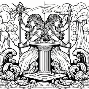 Elementálni Dvojičky na útesovom oltári – omalovánka na vytlačenie, coloring page pre deti