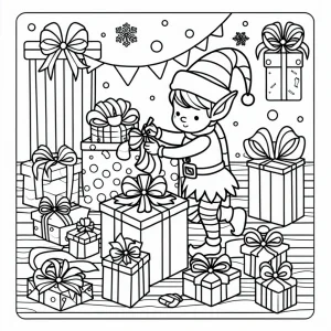 Elf Wrapping Presents omalovánka – vianočný škriatok balí darčeky, coloring page na vytlačenie