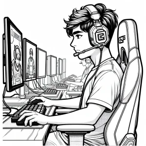 Esports hráč pri počítači omalovánka – coloring page na vyfarbenie zdarma