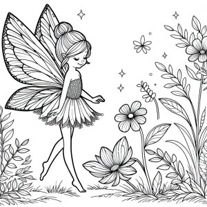 Omalovánka víla s trblietavými krídlami v záhrade – coloring page pre deti na vytlačenie