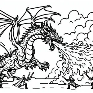 Omalovánka - coloring page s ohnivým drakom v epickej bojovej scéne, pripravená na vyfarbenie.
