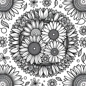Mandala s margarétkami a slnečnicami, omaľovánka na vyfarbenie, coloring page pre deti a dospelých