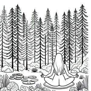 Omalovánka meditácia v lese pod borovicami – coloring page na vytlačenie zdarma