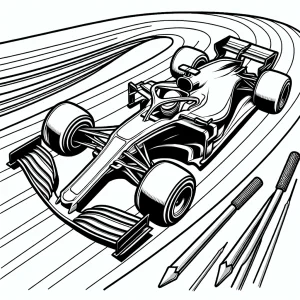 Formula 1 pretekárske auto na trati – omalovánka, coloring page na vytlačenie pre deti zadarmo