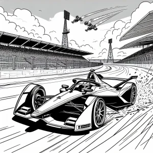 Omalovánka Formula-E auto driftujúce popri solárnych tribúnach, zdarma na vytlačenie
