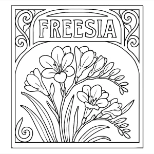 Freesia Art Nouveau omalovánka – detailná coloring page s kvetmi v secesnom štýle na vytlačenie