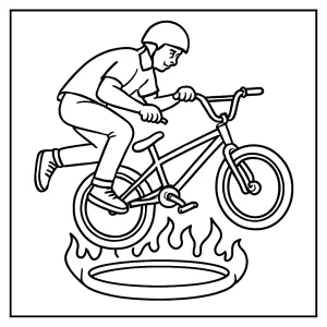 BMX jazdec skáčuci cez ohnivý LED kruh – omalovánka na vytlačenie pre deti