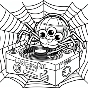 Pavúk DJ na disco párty – omalovánka na vytlačenie, coloring page pre deti