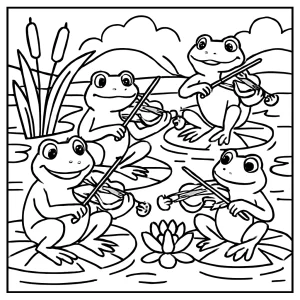 Omalovánka žaby hrajúce na husliach v jazierku – coloring page pre deti na vytlačenie