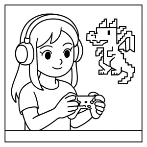 Omalovánka pre deti: gamer dievča s pixelovým drakom na vytlačenie