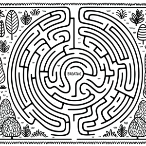 Záhradný labyrint omalovánka s mindfulness výzvami – coloring page pre deti a dospelých na vyfarbenie